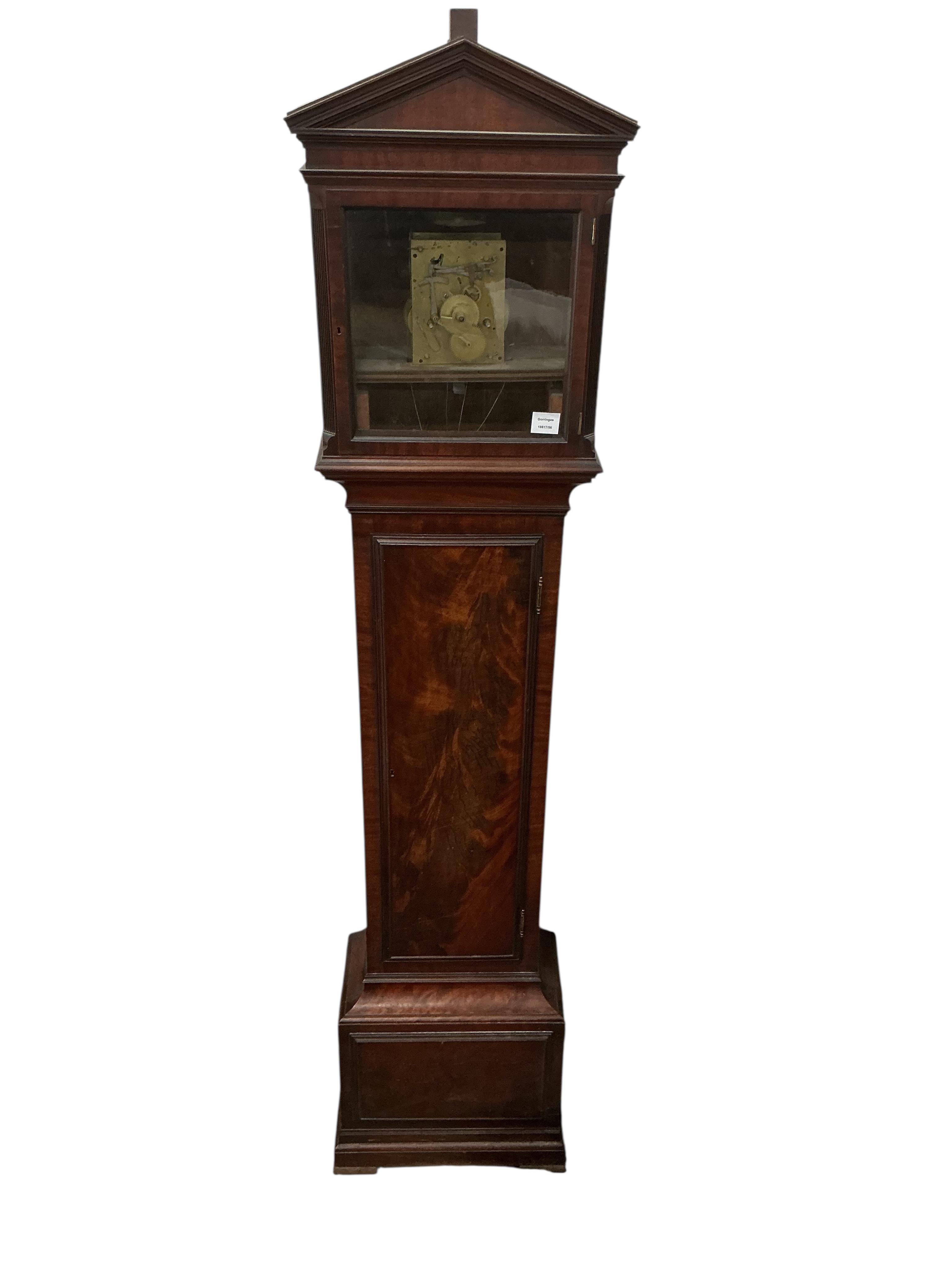 A George III mahogany longcase clock, with movement but lacking dial, height 214cm
